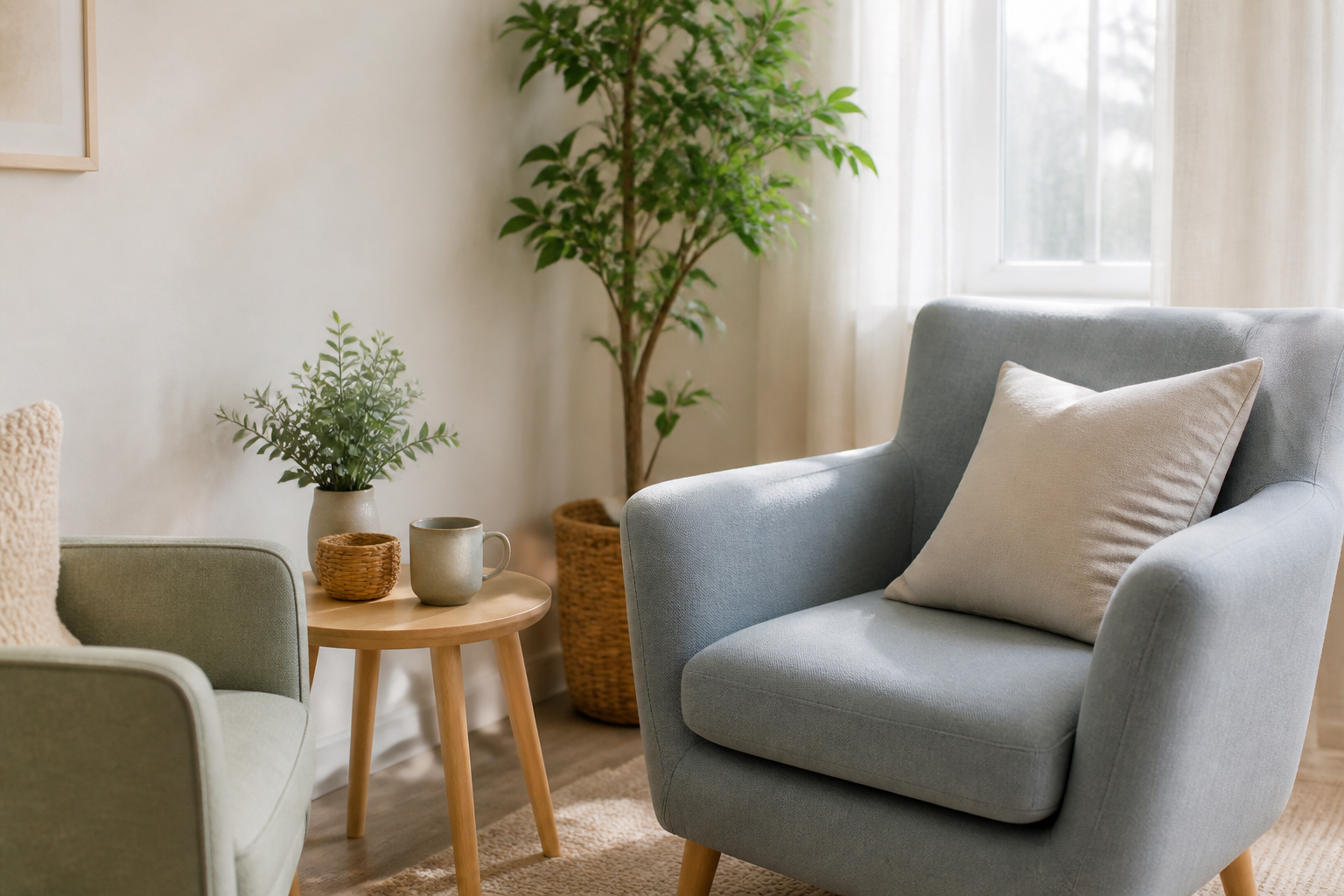 Calm therapy room with soft blue and sage chairs, warm wood table, plants, and natural window light